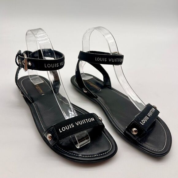 Louis Vuitton Passenger Black Flat Strappy Ankle Wrap Sandals EU 38 US 8 - Picture 2 of 11